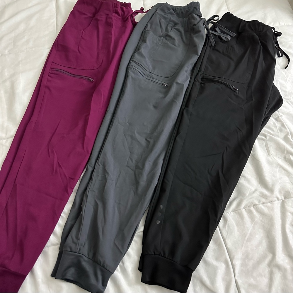 Bundle of all 3 scrub jogger bottoms (Maroon/Magenta, Grey, and Black)